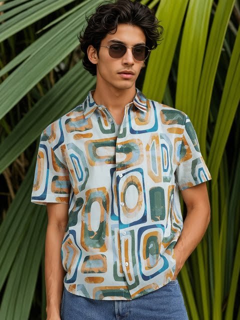 H&M Pure Cotton Relaxed Fit Half Sleeve Printed Shirt
