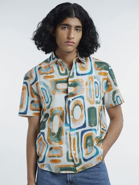 H&M Pure Cotton Relaxed Fit Half Sleeve Printed Shirt
