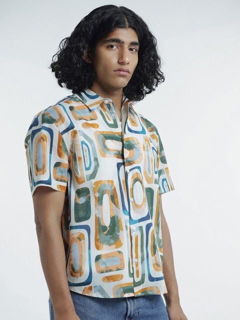 H&M Pure Cotton Relaxed Fit Half Sleeve Printed Shirt