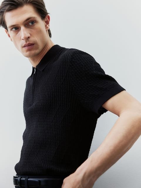H&M Slim Fit Cable-Knit Polo Shirt