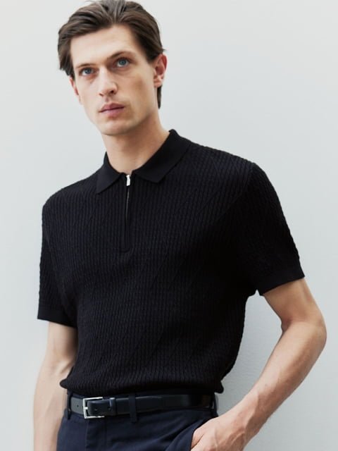 H&M Slim Fit Cable-Knit Polo Shirt