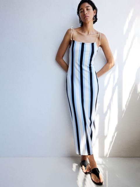 H&M Striped Tie-Strap Sheath Midi Dress