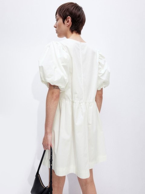 H&M Tie-Detail Puff Sleeve Pure Cotton A-Line Dress