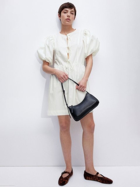 H&M Tie-Detail Puff Sleeve Pure Cotton A-Line Dress