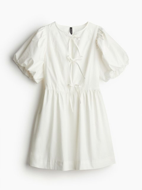 H&M Tie-Detail Puff Sleeve Pure Cotton A-Line Dress