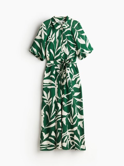 H&M Tropical Printed Tie-Belt Shirt Dress