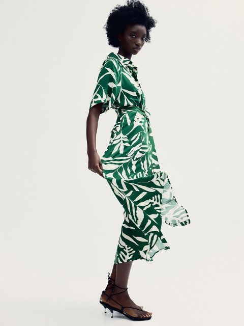 H&M Tropical Printed Tie-Belt Shirt Dress
