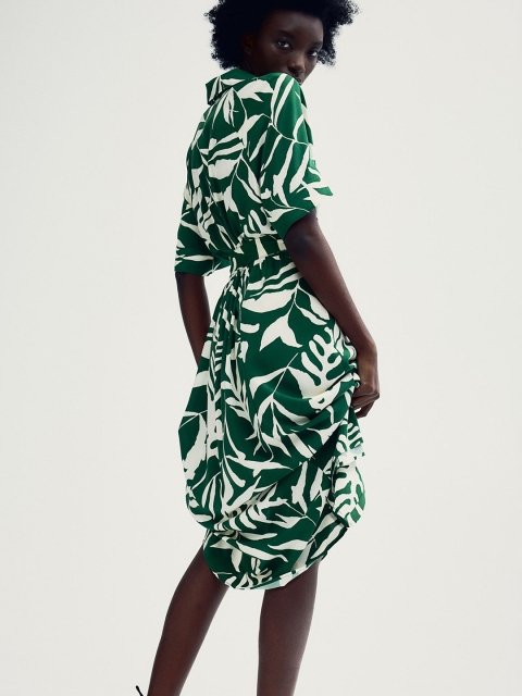 H&M Tropical Printed Tie-Belt Shirt Dress