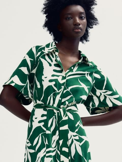 H&M Tropical Printed Tie-Belt Shirt Dress