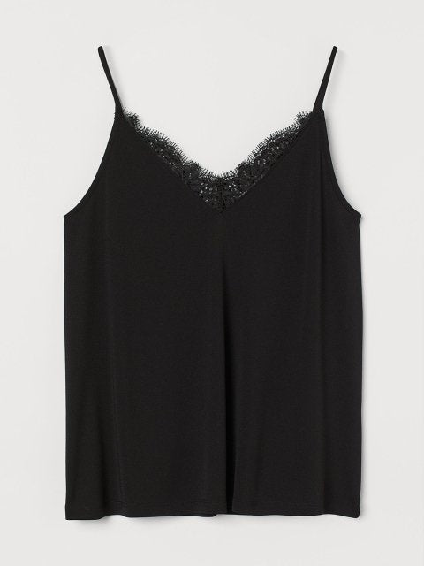 H&M Women Black Lace-Trimmed Cami Top
