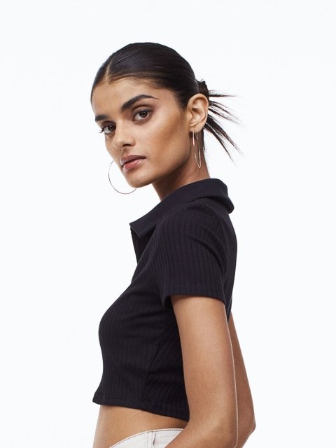 H&M Women Black Zip-Top Cropped Top