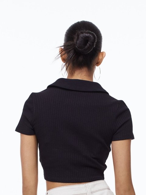 H&M Women Black Zip-Top Cropped Top
