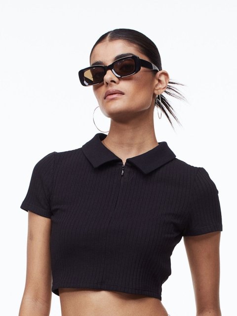 H&M Women Black Zip-Top Cropped Top