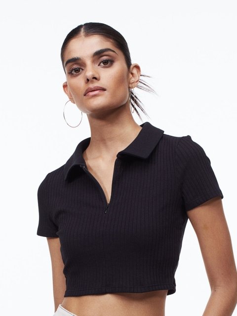 H&M Women Black Zip-Top Cropped Top