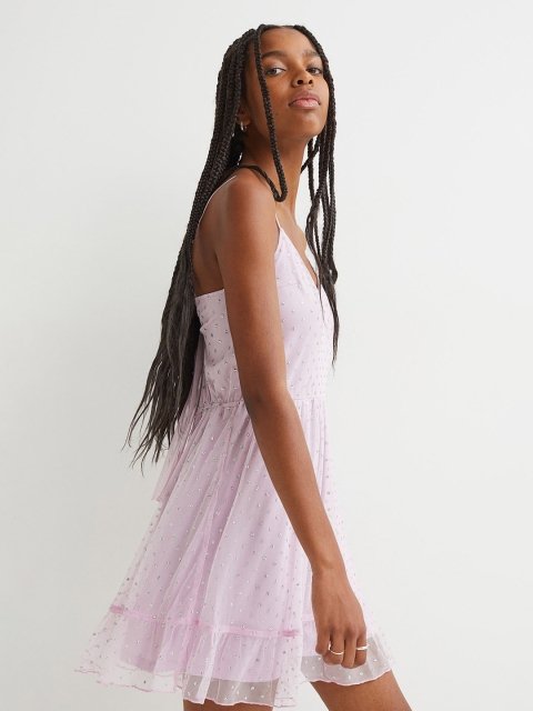 H&M Women Purple Embellished Flared Mesh Dress