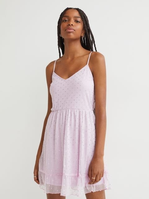 H&M Women Purple Embellished Flared Mesh Dress