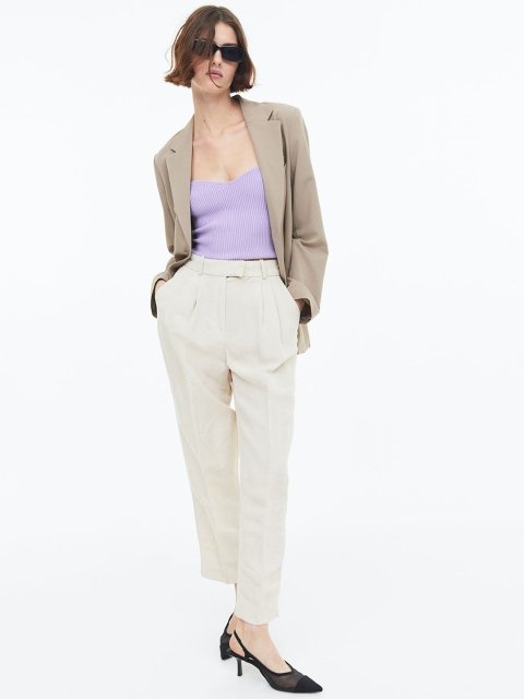 H&M Women Tapered Linen-Blend Trousers