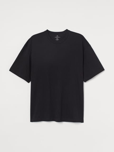 HM Men Black Solid Relaxed Fit Cotton Pure Cotton T-shirt