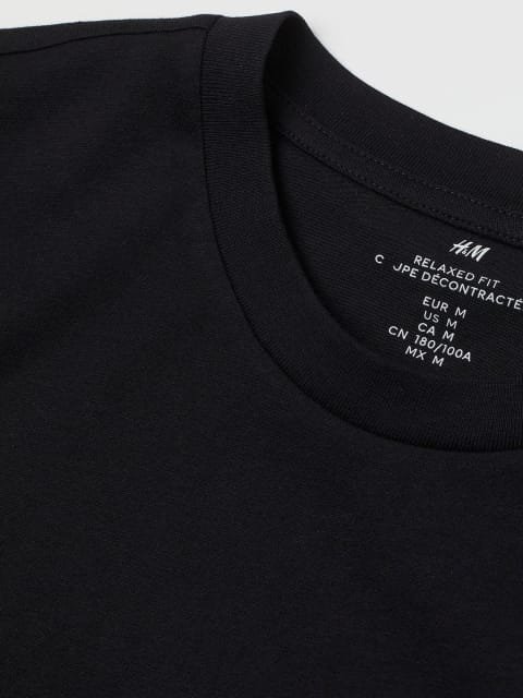 HM Men Black Solid Relaxed Fit Cotton Pure Cotton T-shirt