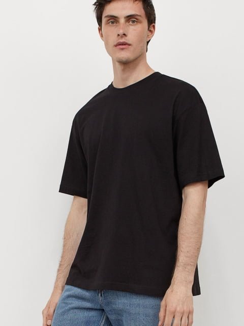 HM Men Black Solid Relaxed Fit Cotton Pure Cotton T-shirt