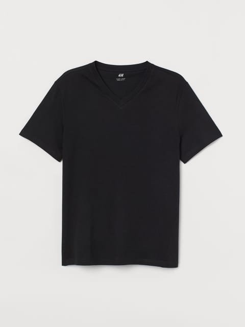 HM Men Black Solid V-neck Pure Cotton T-shirt Regular Fit