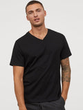 HM Men Black Solid V-neck Pure Cotton T-shirt Regular Fit