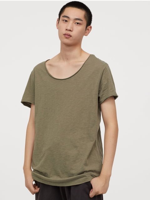 HM Men Green Raw-edge Pure Cotton T-shirt