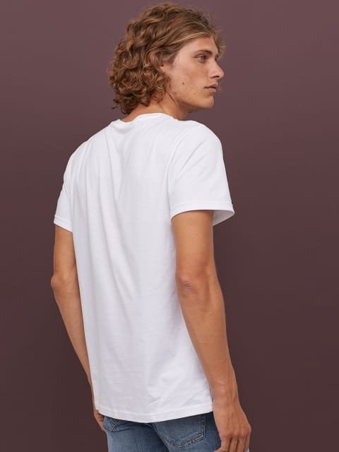 HM Men White Solid Cotton Pure Cotton T-shirt Regular Fit
