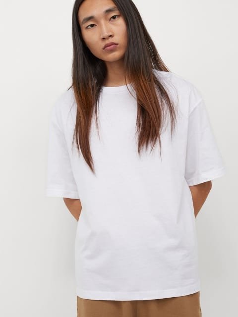 HM Men White Solid Relaxed Fit Cotton Pure Cotton T-shirt