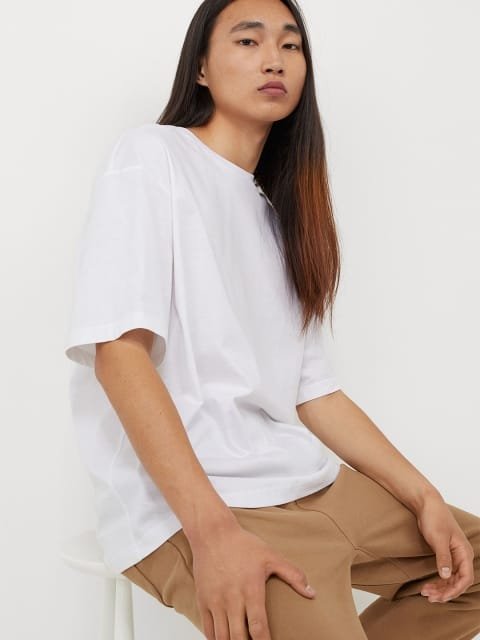 HM Men White Solid Relaxed Fit Cotton Pure Cotton T-shirt