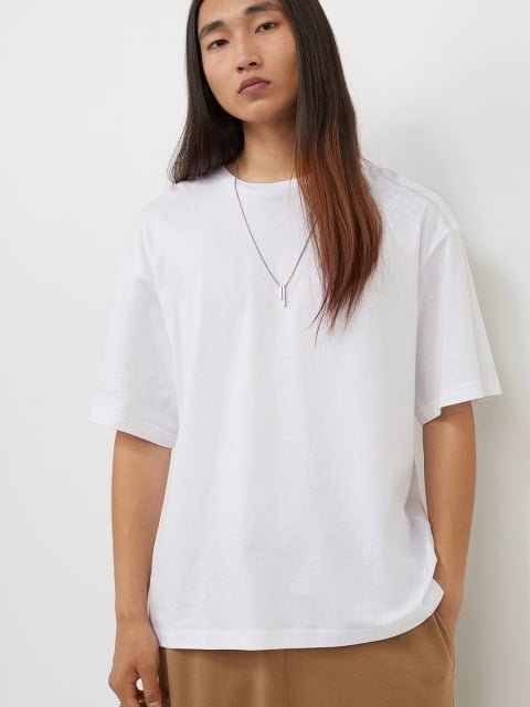HM Men White Solid Relaxed Fit Cotton Pure Cotton T-shirt