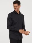 H&M Men Black Solid Slim Fit Stretch Shirt