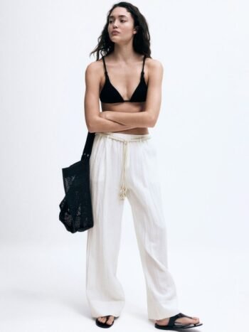 H&M Women Loose Fit Mid-Rise Macram-Belt Trousers