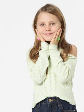 KIDS ONLY Girls Checked Single Cold Shoulder Long Sleeves Cotton T-shirt