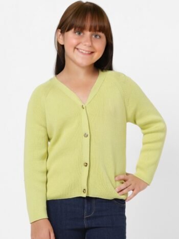 KIDS ONLY Girls Green Solid Ribbed Cotton Cardigan
