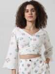 ONLY Abstract Printed Flared Sleeves Smocked Gathered Crop Top