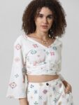 ONLY Abstract Printed Flared Sleeves Smocked Gathered Crop Top