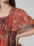 ONLY Abstract Printed Flared Sleeves Square Neck Smocked Chiffon A-Line Top