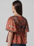 ONLY Abstract Printed Flared Sleeves Square Neck Smocked Chiffon A-Line Top