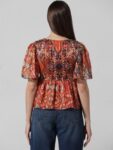 ONLY Abstract Printed Flared Sleeves Square Neck Smocked Chiffon A-Line Top