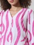 ONLY Abstract Striped V-Neck Three-Quarter Sleeves Puff Sleeve Shirt Style Top