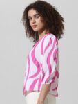 ONLY Abstract Striped V-Neck Three-Quarter Sleeves Puff Sleeve Shirt Style Top