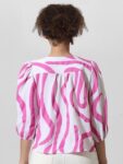 ONLY Abstract Striped V-Neck Three-Quarter Sleeves Puff Sleeve Shirt Style Top