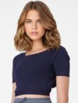 ONLY Blue Solid Boat Neck Styled Back Crop Top