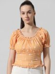 ONLY Checked Off-Shoulder Puff Sleeve Cotton Bardot Top