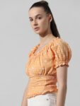 ONLY Checked Off-Shoulder Puff Sleeve Cotton Bardot Top