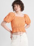 ONLY Checked Puff Sleeves Square Neck Peplum Crop Top