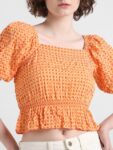 ONLY Checked Puff Sleeves Square Neck Peplum Crop Top