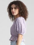 ONLY Checked Puff Sleeves Square Neck Peplum Crop Top