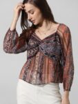 ONLY Ethnic Motifs Printed Twisted Semi Sheer Chiffon Top